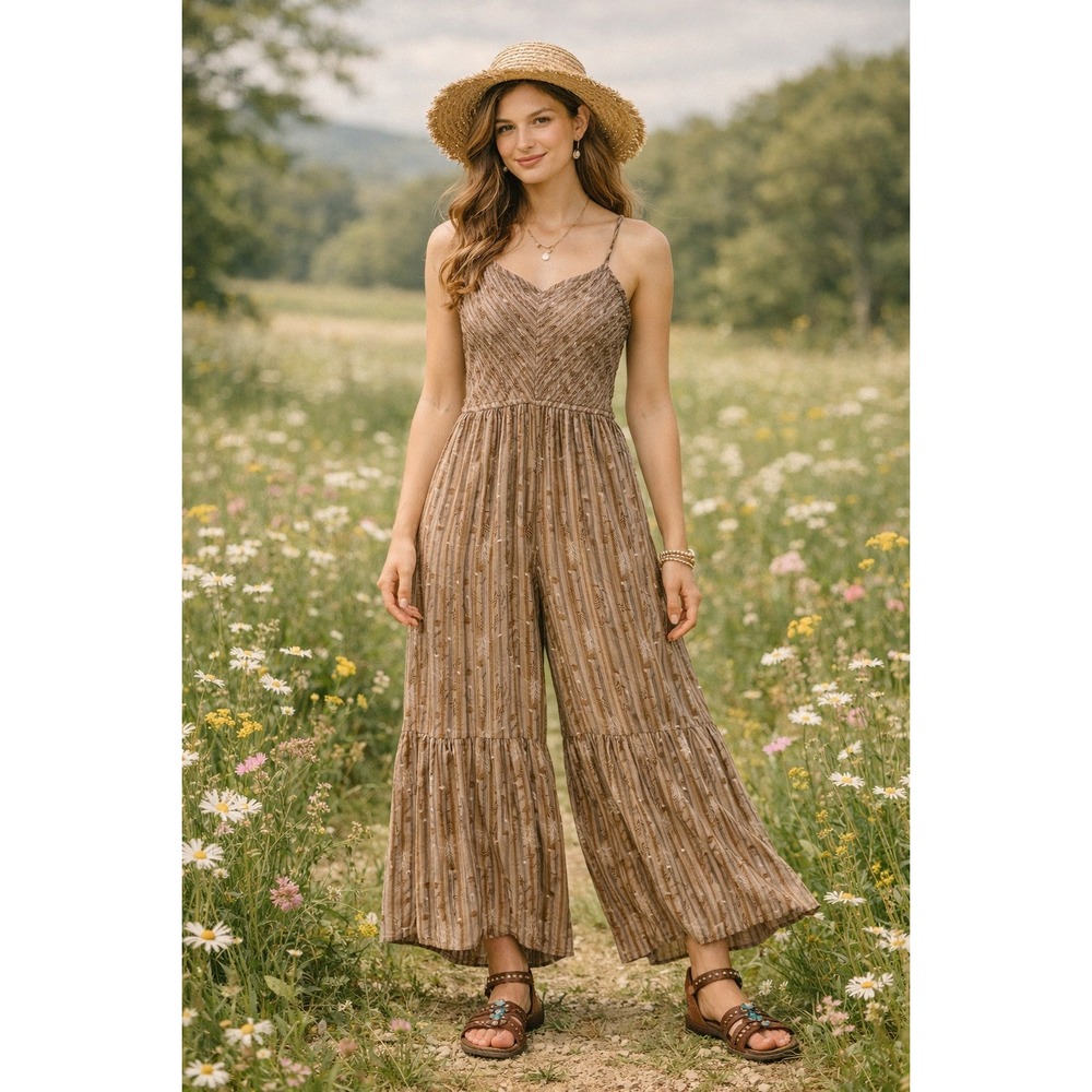 Wide Leg‎ Jumpsuit Womens Small Brown Floral Boho Cottagecore Festival Ruffle